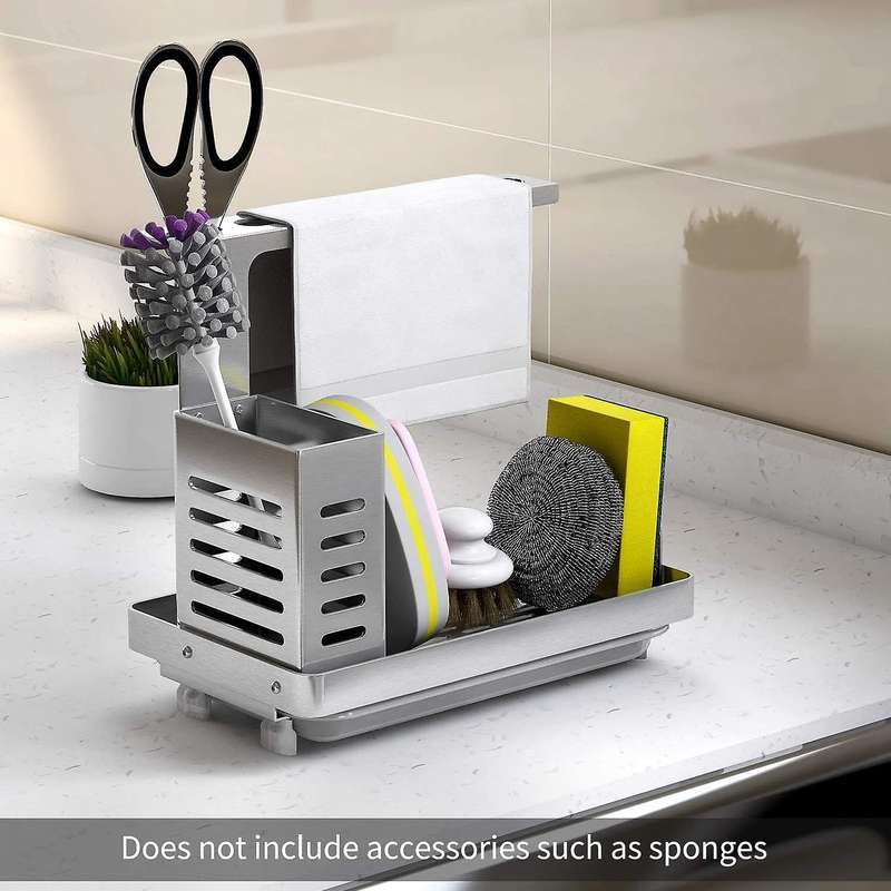 Kitchen Sink Caddy Organizer Sponge Soap Scrubbers Holder Silver