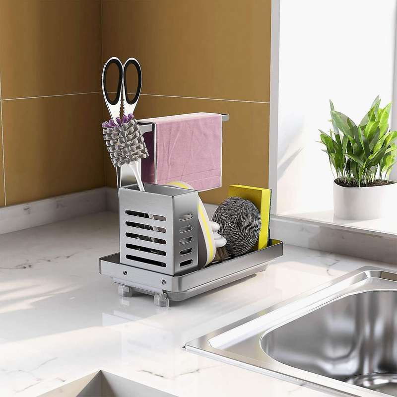 Kitchen Sink Caddy Organizer Sponge Soap Scrubbers Holder Silver