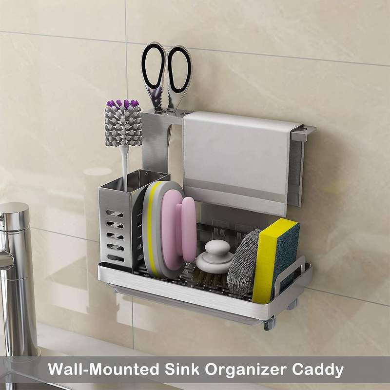 Kitchen Sink Caddy Organizer Sponge Soap Scrubbers Holder Silver