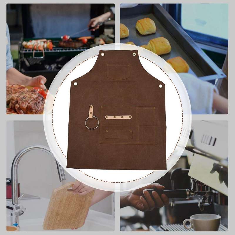 Brown Canvas Apron Bib Leather Chef Kitchen Apron