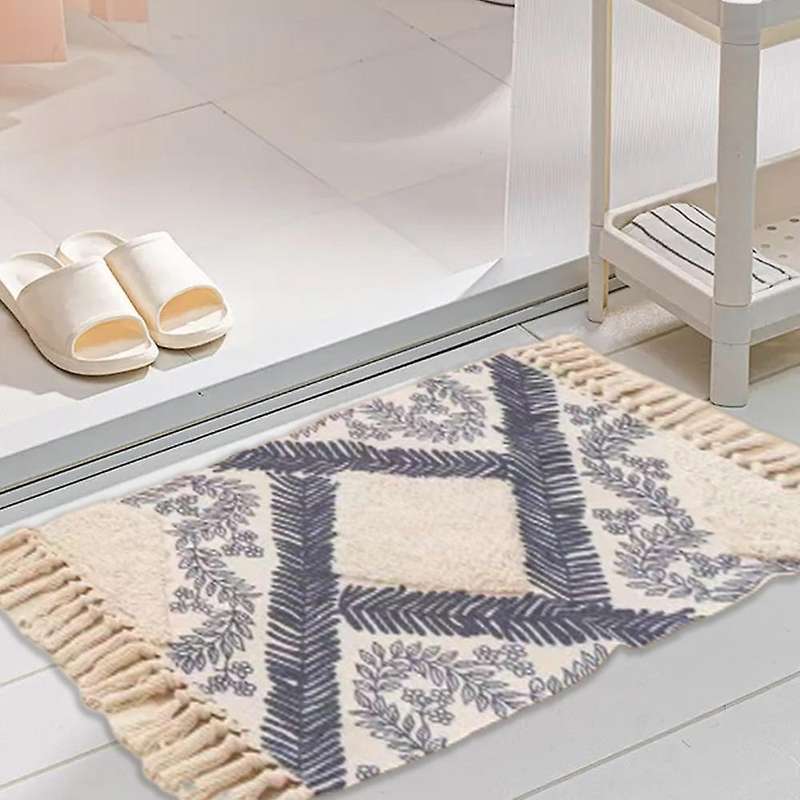 Morocco Printed Carpet Retro Tassels with Rug Bath Doormat(grey)