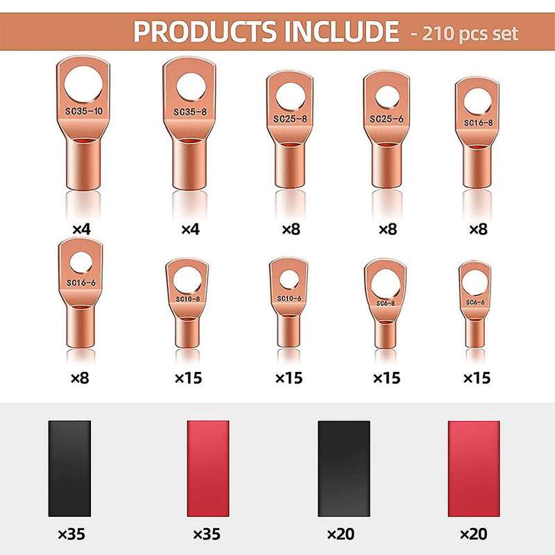 210pcs Copper Wire Lugs Awg 2 4 6 8 10 12 with Heat Shrink Set