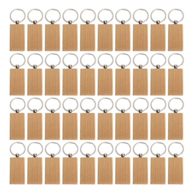 40 Pcs Blank Wooden Keychain Engraving Diy Wood Keychains Key Tags