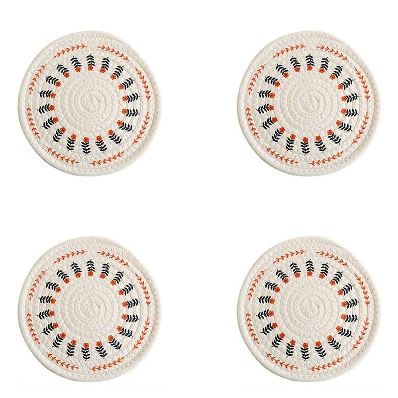 4pcs Round Printed Cotton Rope Placemats Woven Dining Mats Coasters
