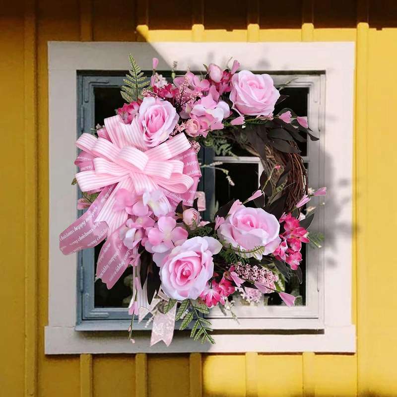Pink Christmas Wreath Champagne Christmas Wreath with Bow Window