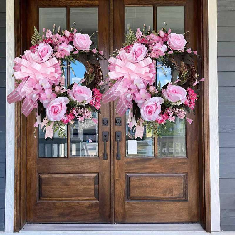 Pink Christmas Wreath Champagne Christmas Wreath with Bow Window