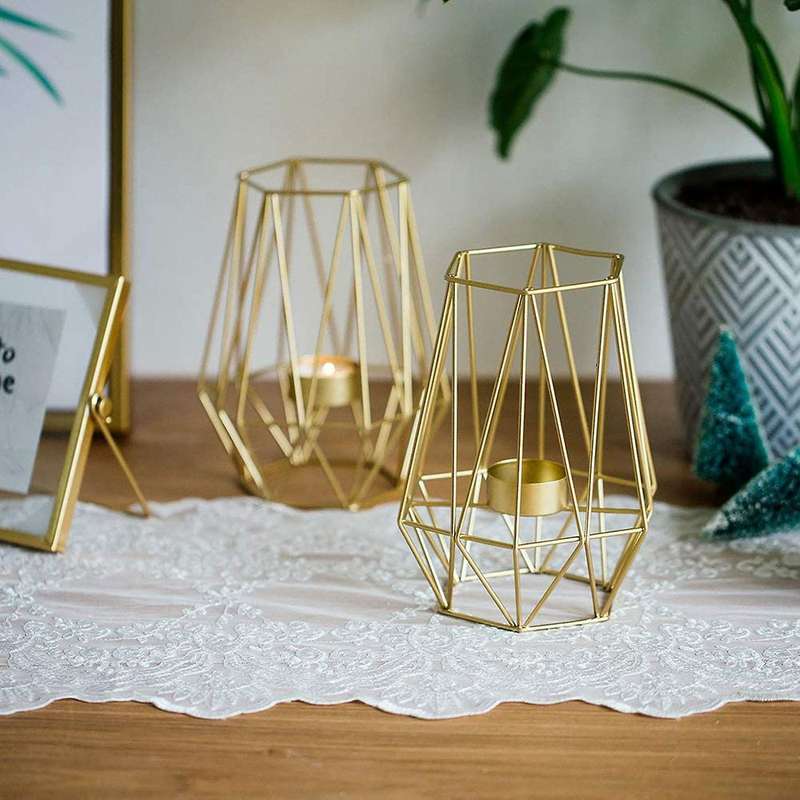 2 Pcs Metal Hexagon Shaped Geometric Design Tea Light Votive Holders
