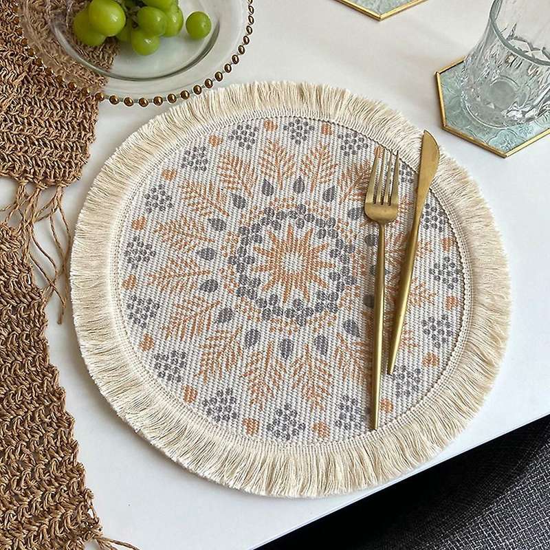 4pcs Bohemian Woven Cotton Placemat Fabric Fringed Heat(orange+gray)