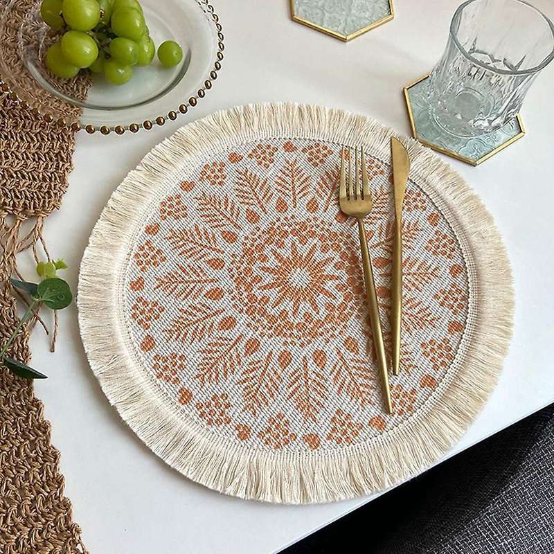 4pcs Bohemian Woven Cotton Placemat Fabric Fringed Heat(orange+gray)