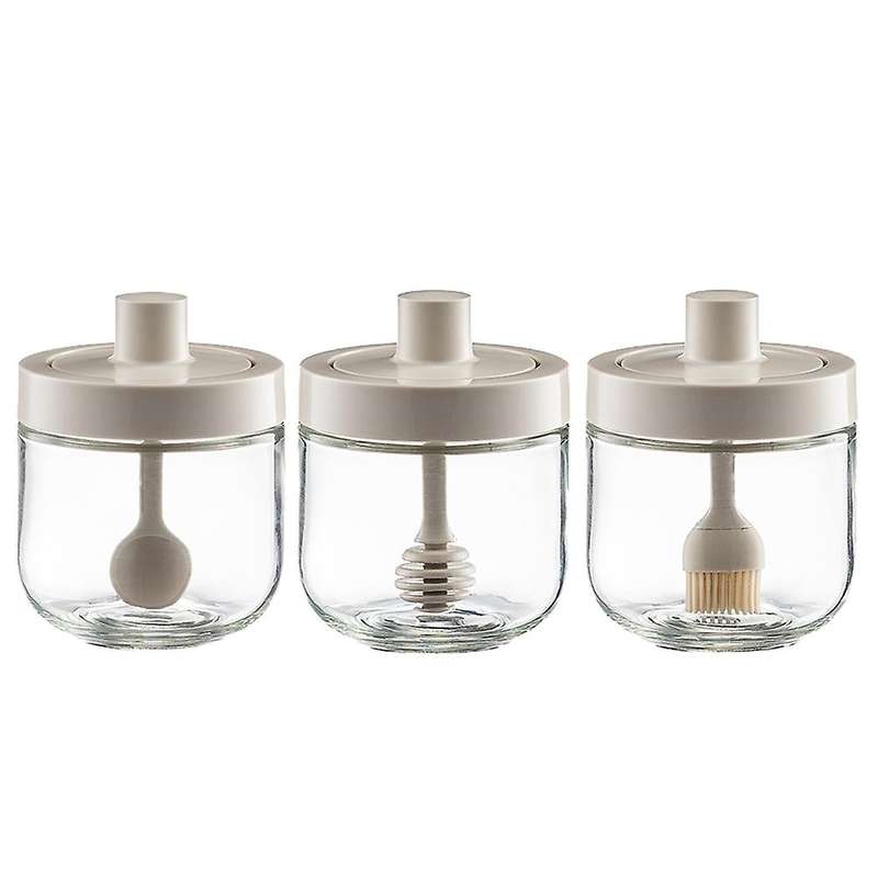 3pcs Seasoning Case Glass Seasoning Pot with Spoon 300ml