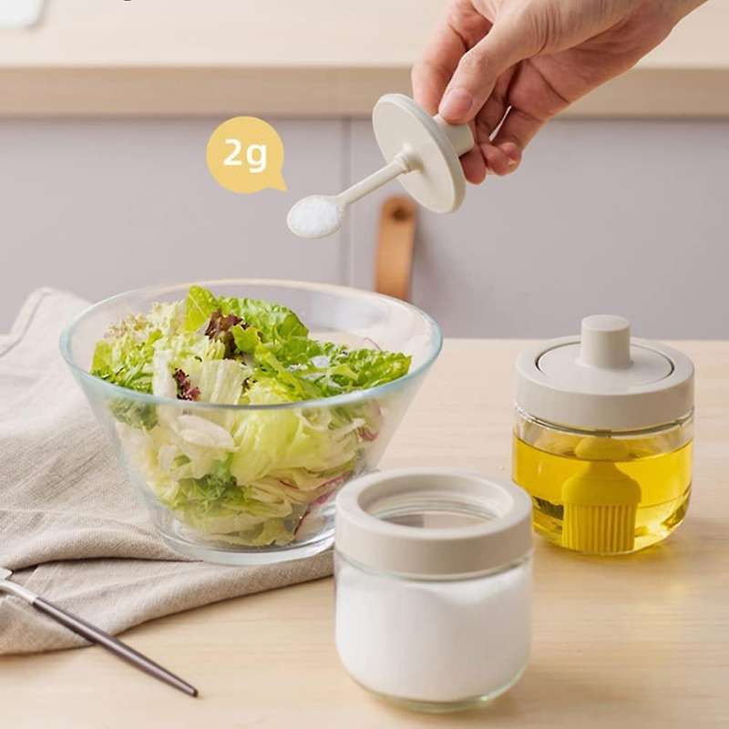 3pcs Seasoning Case Glass Seasoning Pot with Spoon 300ml