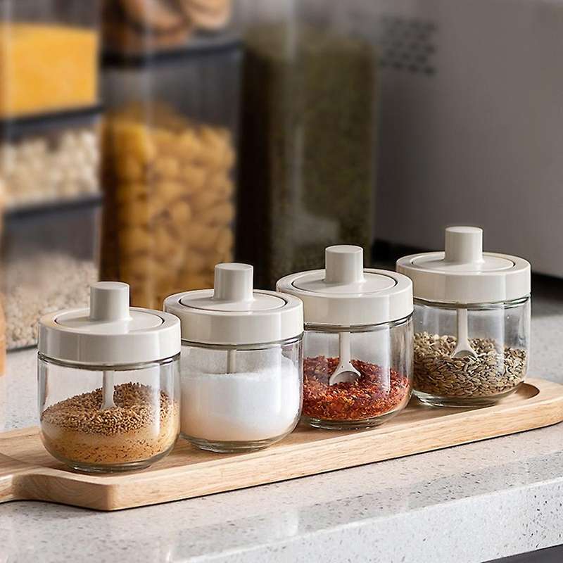 3pcs Seasoning Case Glass Seasoning Pot with Spoon 300ml