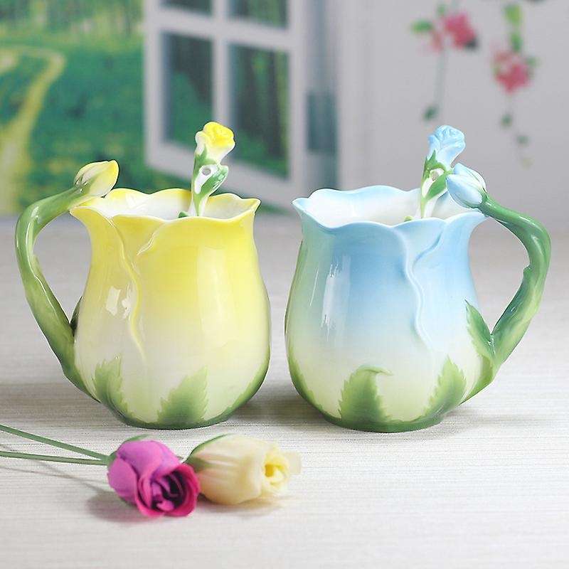 Ceramic Rose Flower Shape Teacups Breakfast Cups with Spoon-yellow