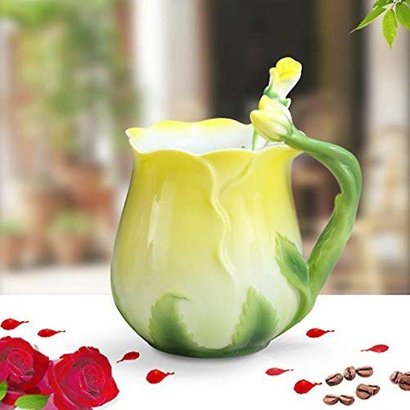Ceramic Rose Flower Shape Teacups Breakfast Cups with Spoon-yellow