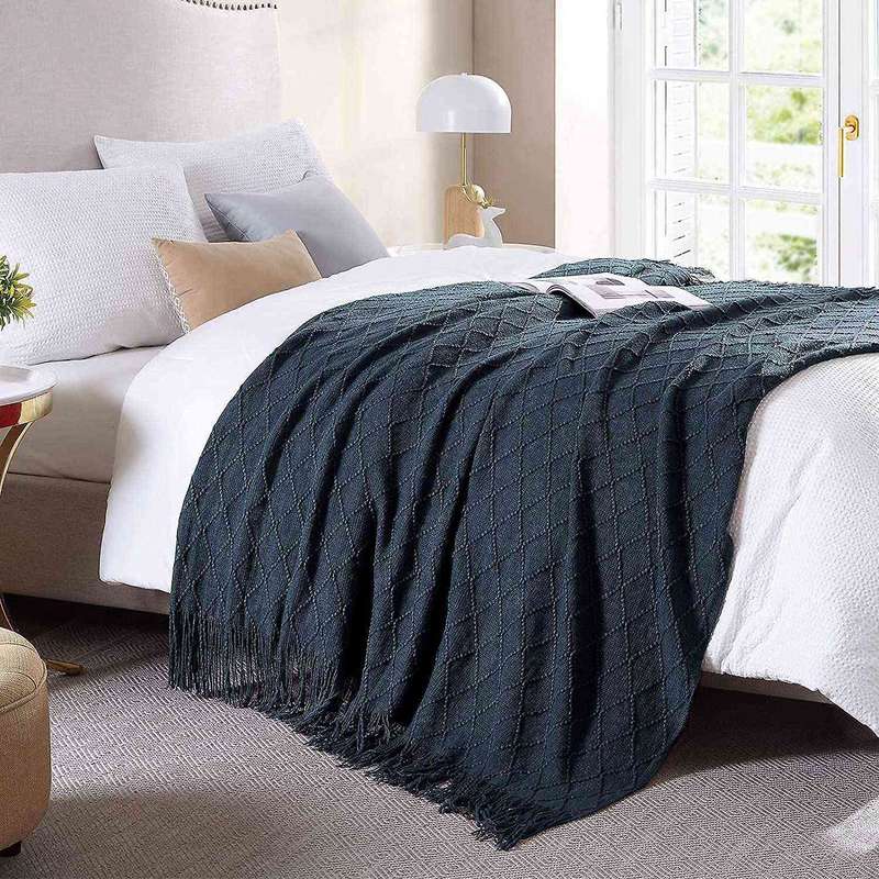 Rhombus Acrylic Knit Woven Blanket,with Tassel for Travel Picnic, B