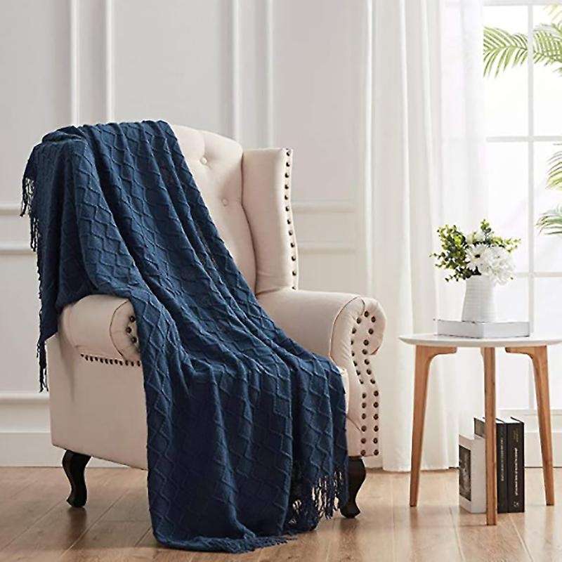 Rhombus Acrylic Knit Woven Blanket,with Tassel for Travel Picnic, B