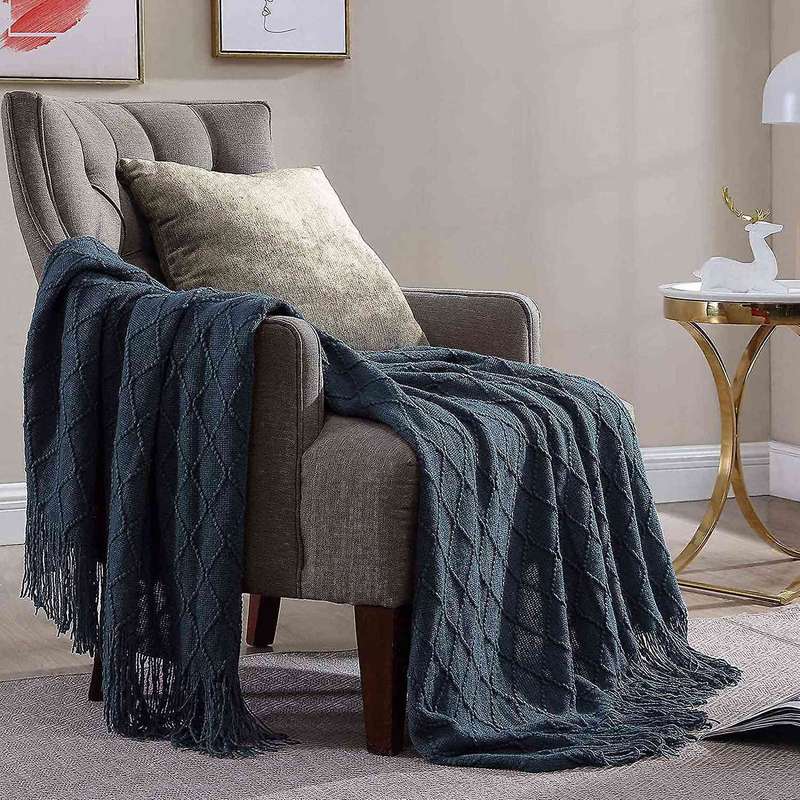 Rhombus Acrylic Knit Woven Blanket,with Tassel for Travel Picnic, B