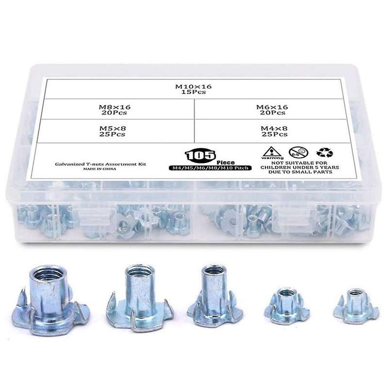 105 Pieces Of M4 5 6 8 10 Galvanized Steel T-nut Kit for Furniture