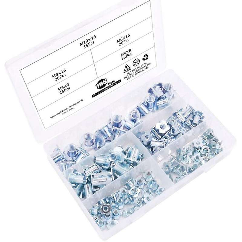 105 Pieces Of M4 5 6 8 10 Galvanized Steel T-nut Kit for Furniture
