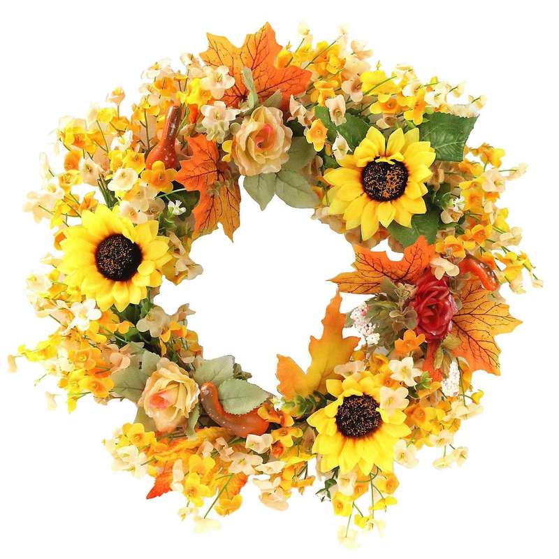 16inch Fall Sunflower Pumpkin Wreath for Front Door Wall Window