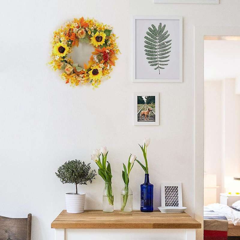 16inch Fall Sunflower Pumpkin Wreath for Front Door Wall Window