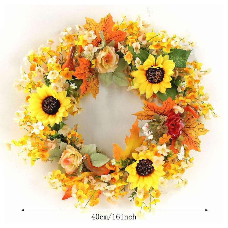 16inch Fall Sunflower Pumpkin Wreath for Front Door Wall Window