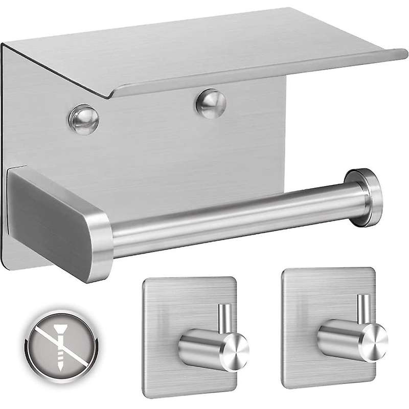 Self-adhesive Toilet Paper Holder with 2 Towel Hooks, Toilet Holder