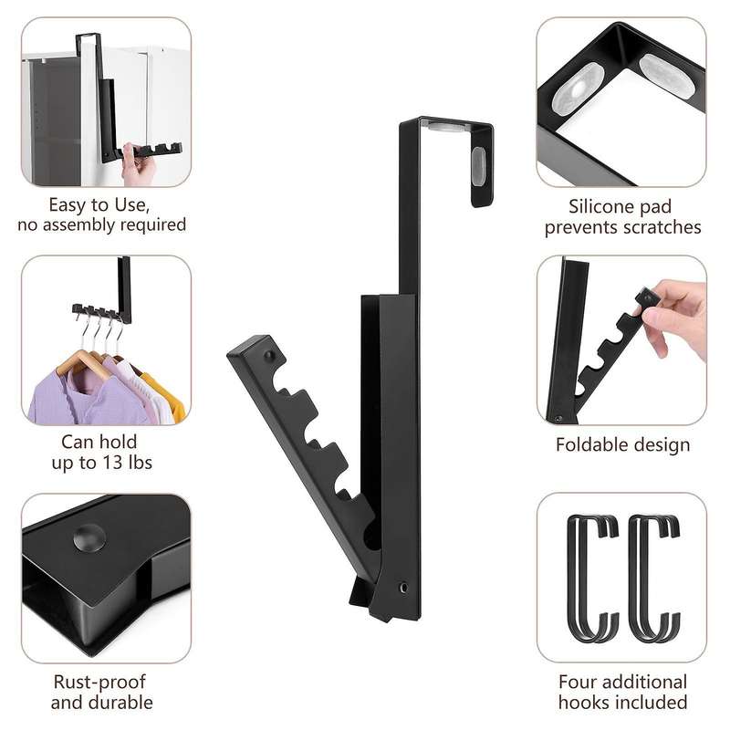 2 Pack Over The Door Foldable 4 Hooks for Hanging Clothes, and More