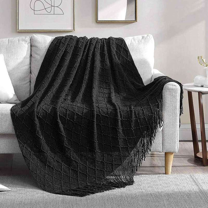 Rhombus Acrylic Knit Woven Blanket,with Tassel for Travel Picnic, A