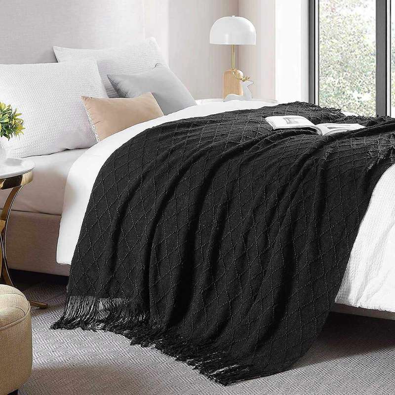 Rhombus Acrylic Knit Woven Blanket,with Tassel for Travel Picnic, A