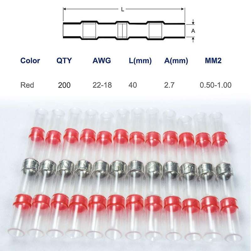 200pcs 26-24 Solder Seal Wire Connectors,heat Shrink Butt Connectors