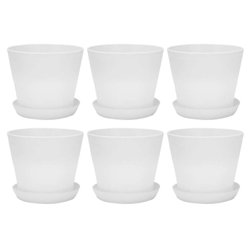 6x Plastic Plant Flower Pot with Tray Round White Upper Caliber 17cm