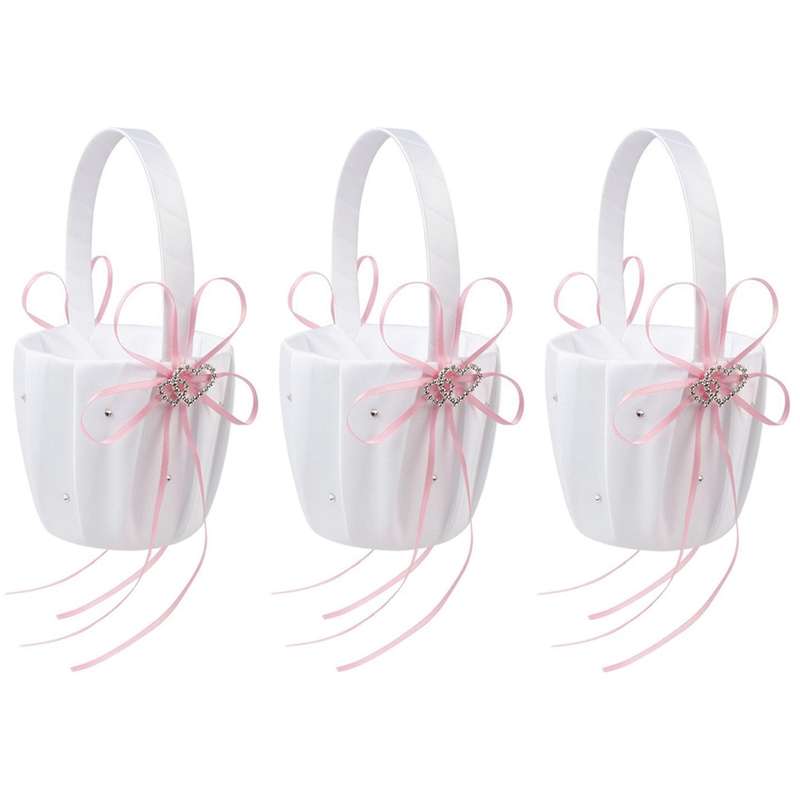 3x Double Heart Basket White Satin Rhinestone Decor Pink Wedding