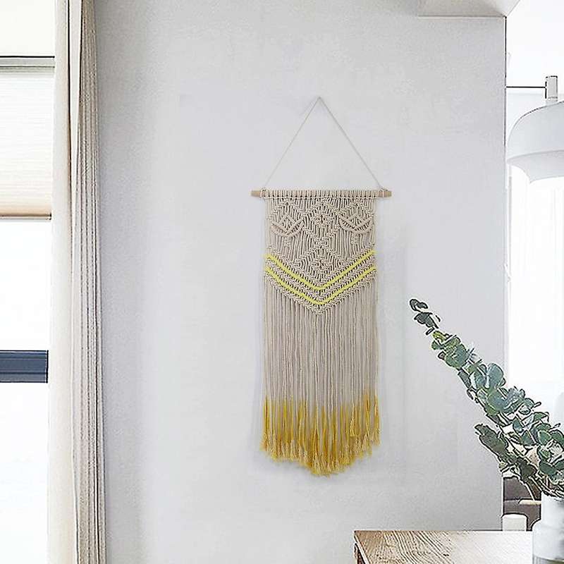 Macrame Wall Hanging Beige and Yellow Woven Tapestry for Decoration
