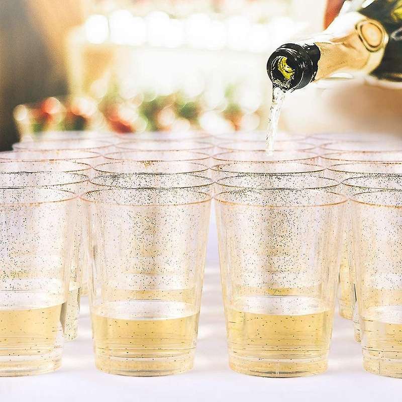 Disposable Gold Glitter Plastic Wine Glasses, Christmas Party Cups