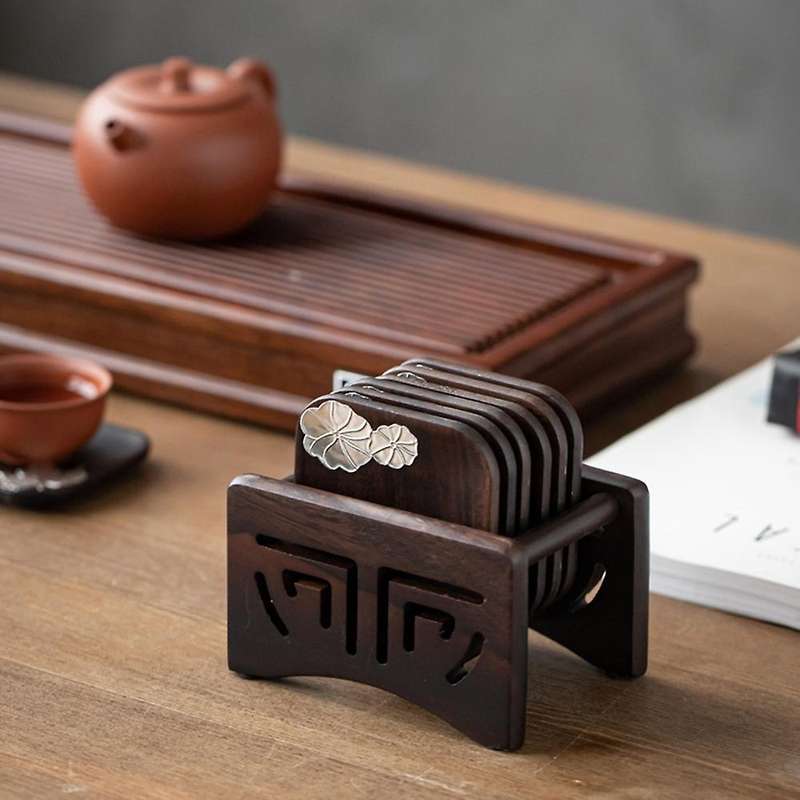Ebony Round Wooden Square Chinese Style Tea Accessories Set D