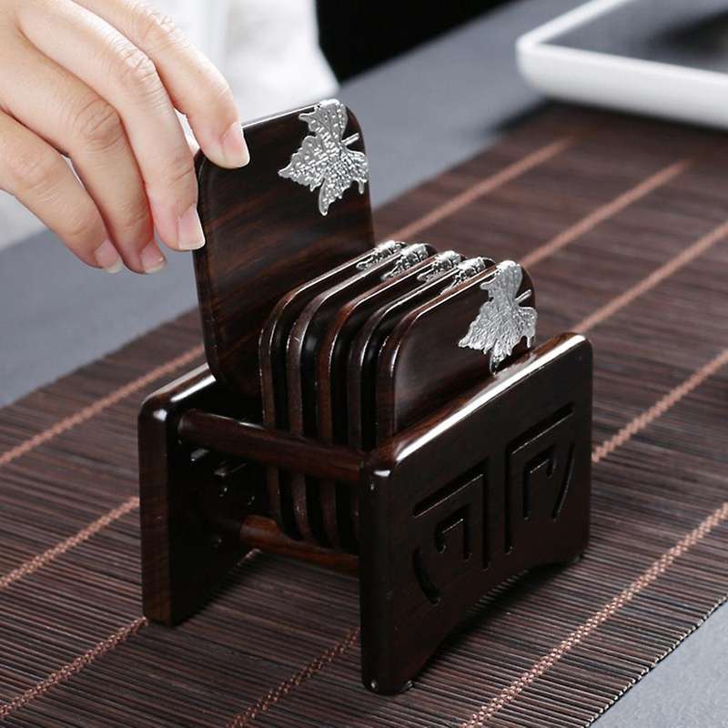 Ebony Round Wooden Square Chinese Style Tea Accessories Set D