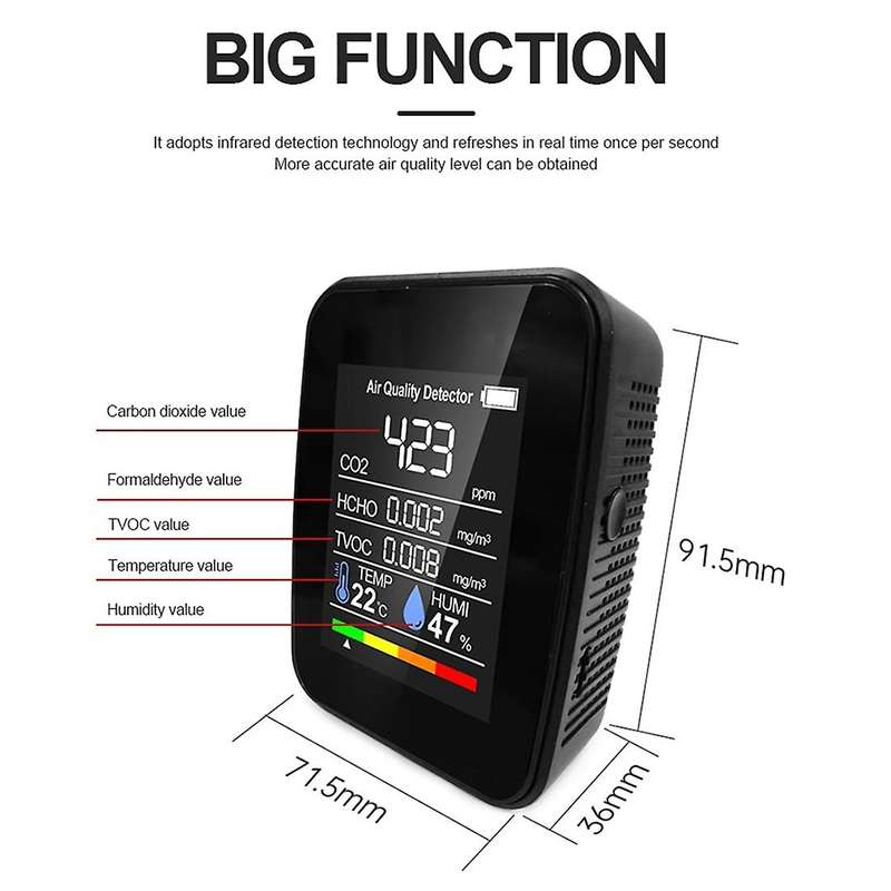 Air Quality Monitor, 5-in-1 Co2 Moisture Meter Pollution Meter, Black