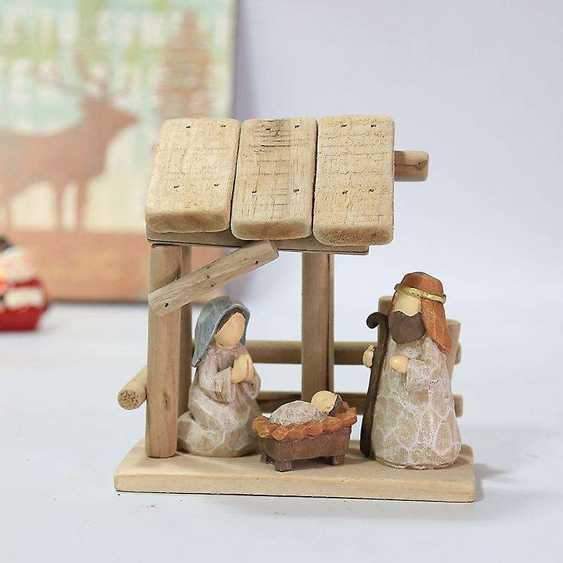 Manger Character with Wooden House Christian Nativity Ornaments