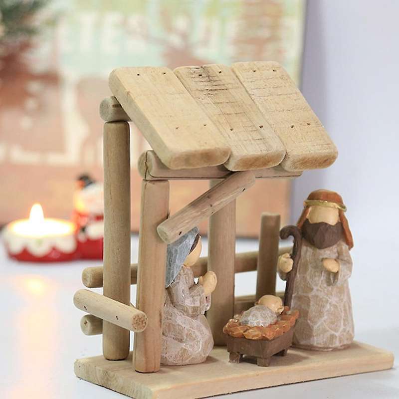 Manger Character with Wooden House Christian Nativity Ornaments