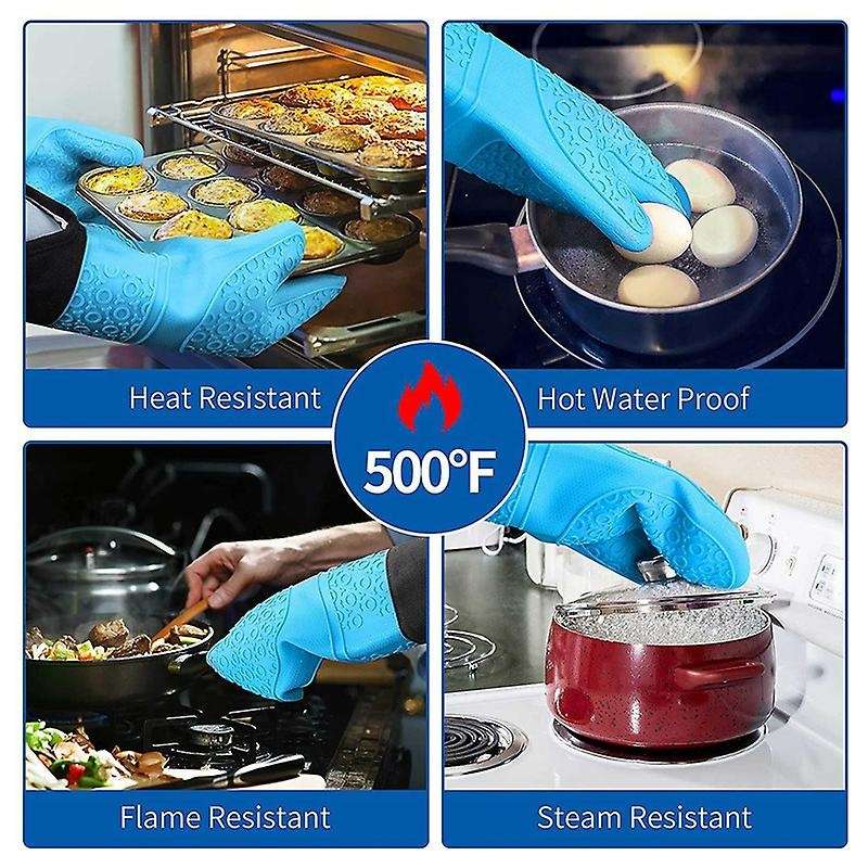 Extra Long Oven Mitts and Pot Holders Sets with Mini Oven Gloves Blue