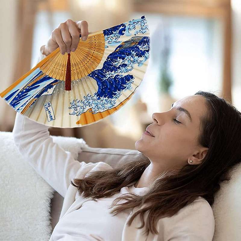 6 Pieces Japanese Style Bamboo Silk Folding Fan Kanagawa Sea Waves