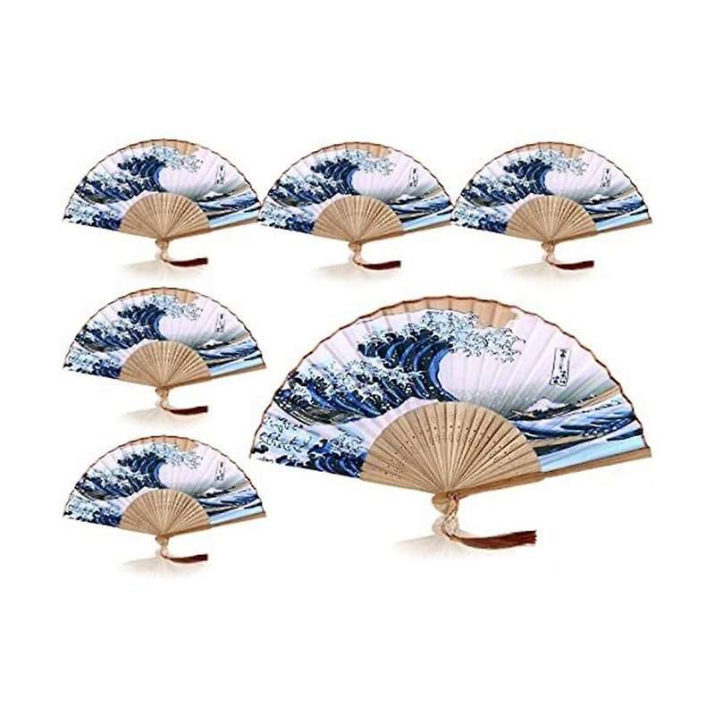 6 Pieces Japanese Style Bamboo Silk Folding Fan Kanagawa Sea Waves
