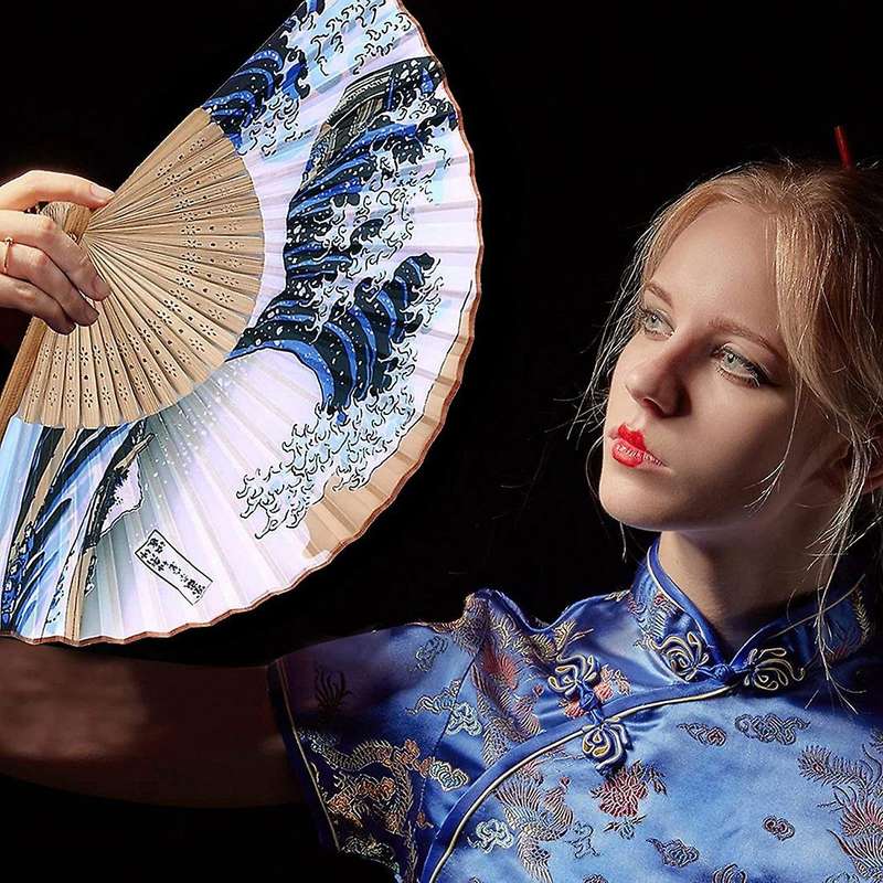 6 Pieces Japanese Style Bamboo Silk Folding Fan Kanagawa Sea Waves