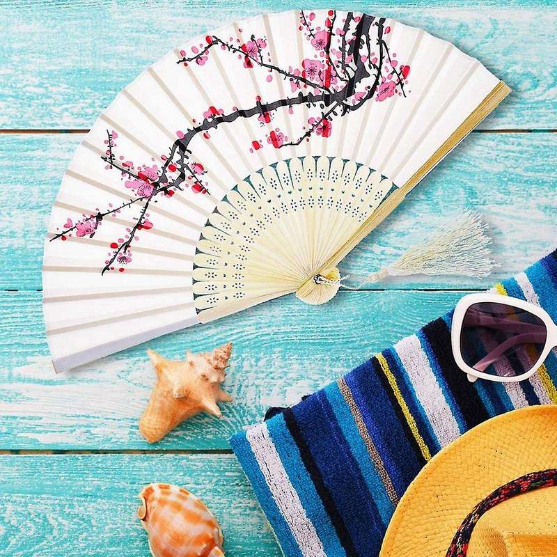 12 Pieces Hand Held Fans Silk Bamboo Folding Fans for Wedding Gift