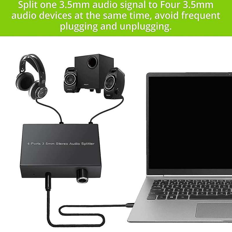 Stereo Audio Splitter 4 Ports 3.5mm for Pc Phone Laptop Mp3/4 Speaker