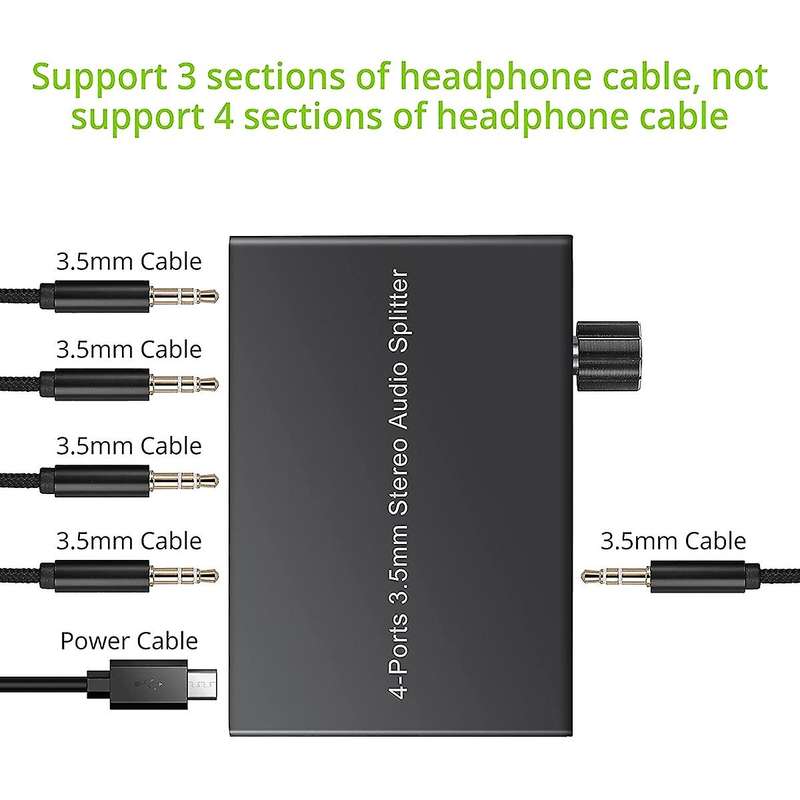 Stereo Audio Splitter 4 Ports 3.5mm for Pc Phone Laptop Mp3/4 Speaker