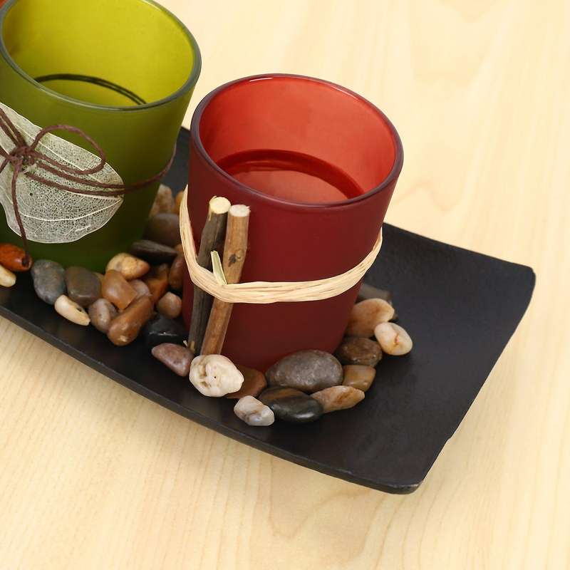 3 Candlestick Cup Decorative Candle Holders with Rocks and Tray