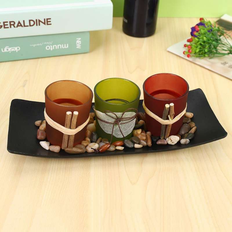 3 Candlestick Cup Decorative Candle Holders with Rocks and Tray