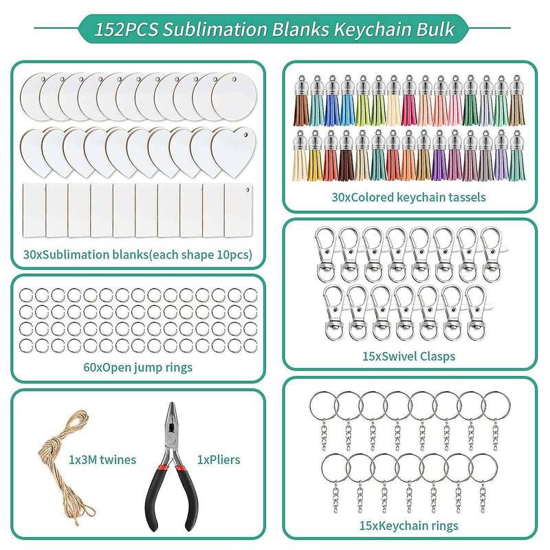 152pcs Sublimation Blank Keychains Set, with Key Ring